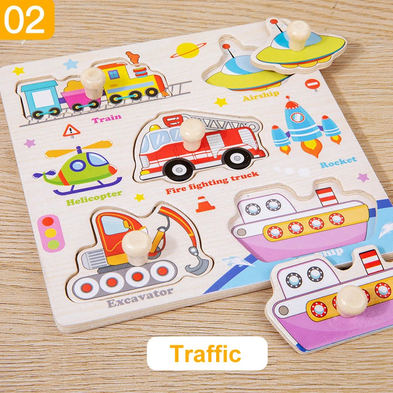 Montessori Wooden Puzzles Cartoon Animal Fruit Hand Grab Board Cognition Jigsaw Puzzle Game Learning Educational Toys For Kids
