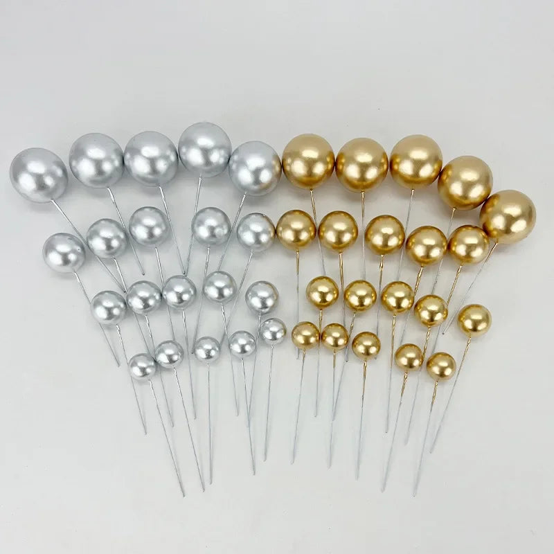 20Pcs Cake Topper Gold Silver Ball Happy Birthday Cake Topper DIY Cupcake Flag Wedding Christmas Ball Decor Birthday Decoration