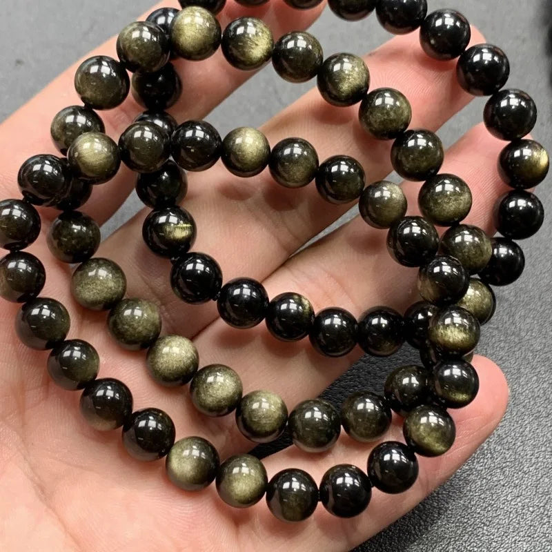 Natural Golden Obsidian Stone Beads Bracelet Men Women Golden Light Rainbow Obsidian Raw Stone Round Bead Natural Energy Jewelry