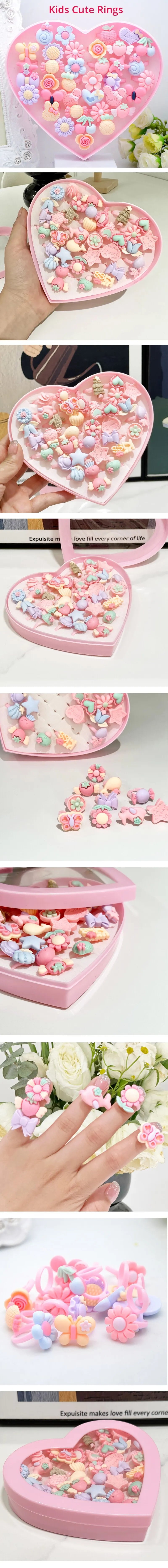 36Pcs Kids Cute Rings Resin Cartoon Jewelry Flower Shape Adjustable Ring Set Creative Accessories Girl Gifts