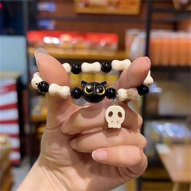 1/2PCS Tassels Big Eye Cat Bracelets for Women Men Sweet Cool Skull Ceramic Beaded Bracelet Aesthetic Party Jewelry Accessories
