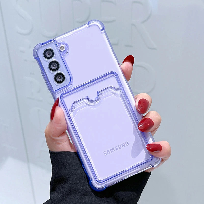 Shockproof Airbag Card Bag Wallet Clear Phone Case For Samsung Galaxy S21 S22 S23 FE S24 Plus S24 Ultra 5G Corners Bumper Cover