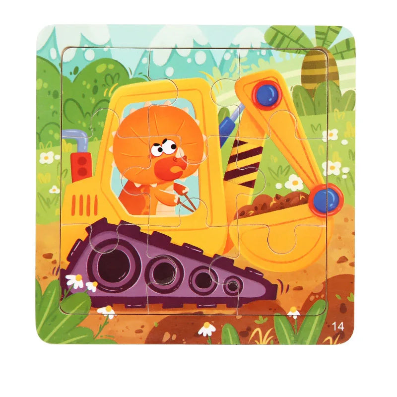 9 Piece Small Wooden Puzzle Cartoon Animal Vehicle 11x11cm Wood 3d Puzzle Montessori Educational Toys For Kids Gifts