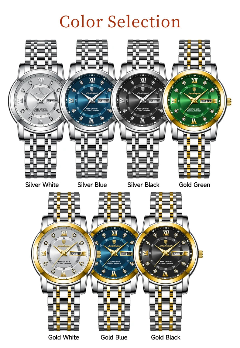 POEDAGAR Luxury Women Wristwatch Waterproof Luminous Date Week Women's Watches Stainless Steel Elegant Dress Quartz Ladies Watch