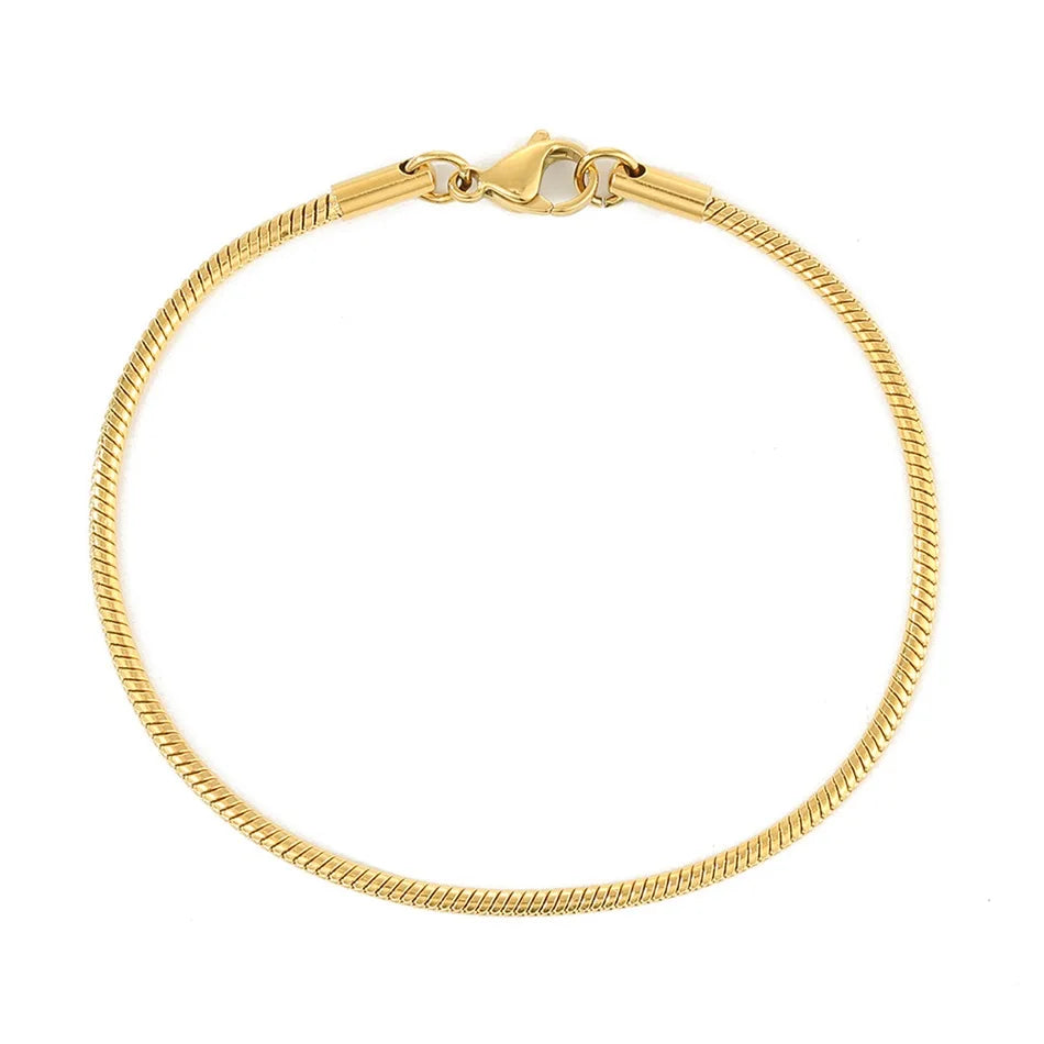 Classic Couples Men Women Gold Color Bracelets for Women Stainless Steel Thin Snake Link Chain Lobster Clasp Snap Button Jewelry