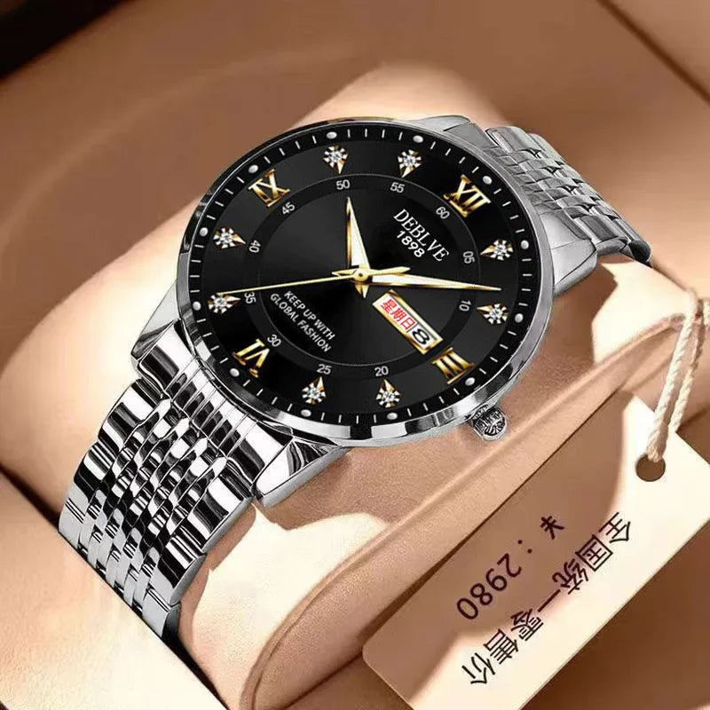 Luxury Men Watch Stainless Steel Top Quailty Push Button Hidden Clasp Waterproof Luminous Date Week Sport Wrist Watches