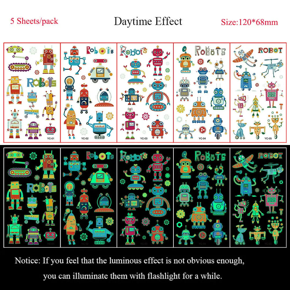 5 Sheets Luminous Tattoo Stickers Temporary Colorful Animal Dinosaur Tattoo Cute Tattoo Stickers Children's Body Tatto