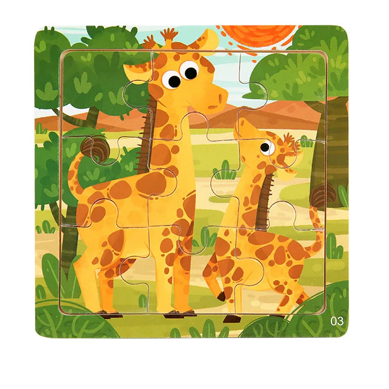 9 Piece Small Wooden Puzzle Cartoon Animal Vehicle 11x11cm Wood 3d Puzzle Montessori Educational Toys For Kids Gifts
