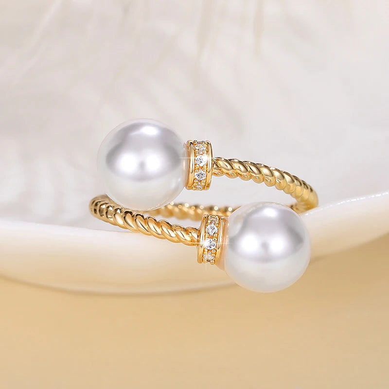Temperament Double Imitation Pearl Open Ring Twist Gold Color Band New Fashion Women's Accessories Wedding Jewelry 2023