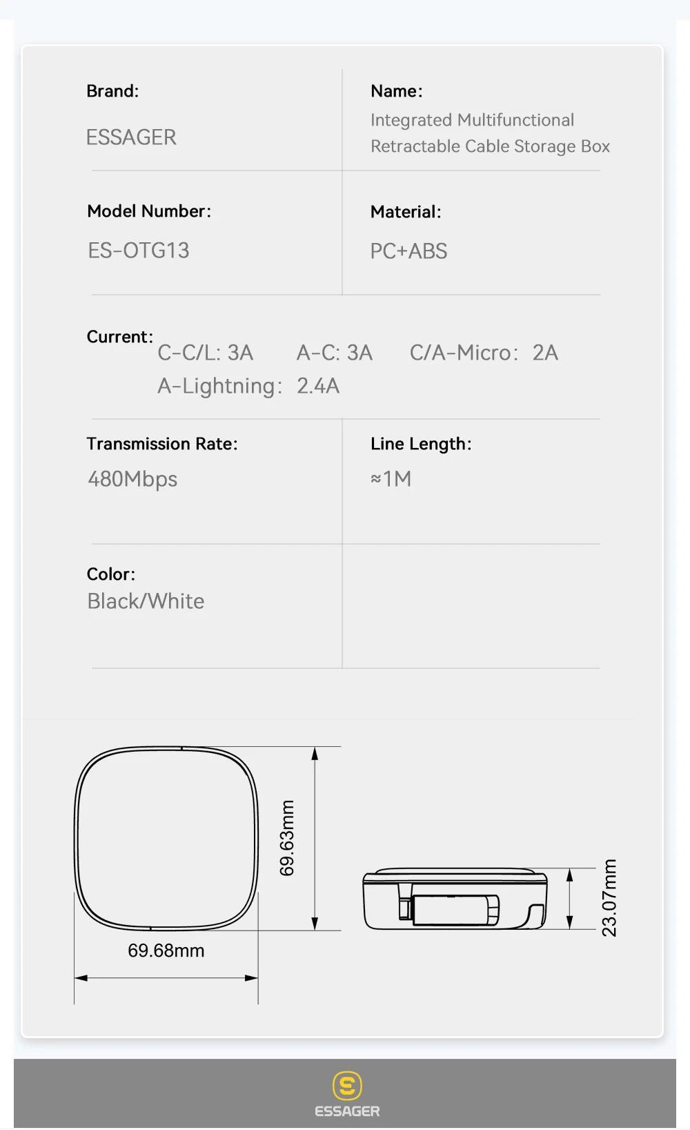 Essager USB C To Tpye C Cable PD 60W for Xiaomi Poco Fast Charging Data Travel Multi Functional Cord With Holder Storage Box