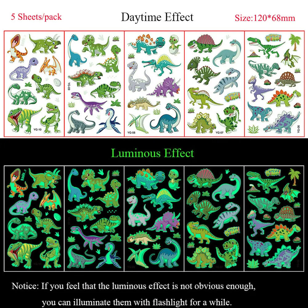 5 Sheets Luminous Tattoo Stickers Temporary Colorful Animal Dinosaur Tattoo Cute Tattoo Stickers Children's Body Tatto