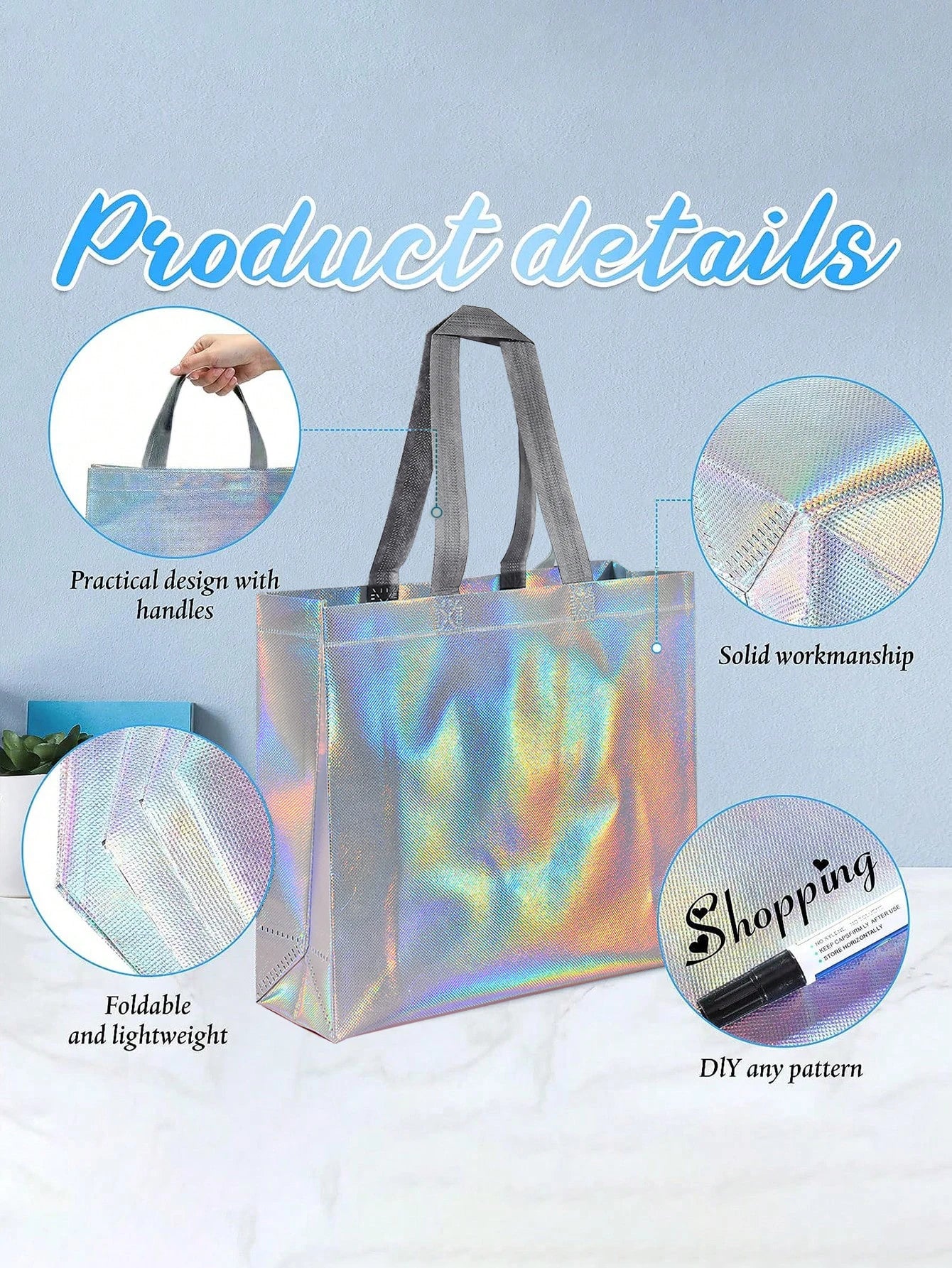 1/5/10pcs silver reusable gift tote grocery shopping bags apply to bridesmaids birthday party wedding, bachelor party supplies