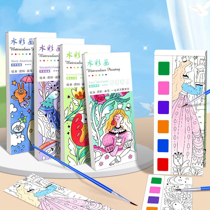 Portable Watercolor Painting Book 12 Sheets Coloring Book With Paint Brush Gouache Book Kids Graffiti Picture Drawing Toys