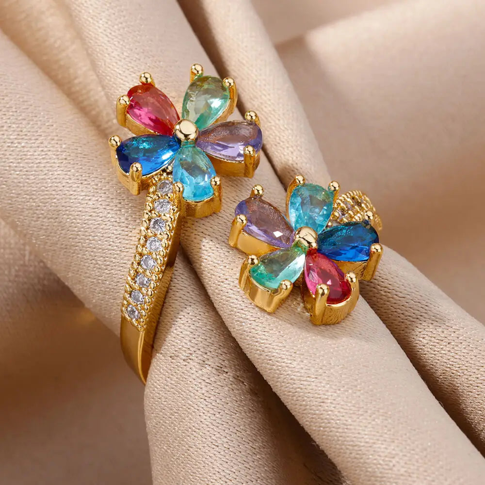 Colored Zircon Double Flower Rings For Women Gold Plated Stainless Steel Flower Opening Ring Wedding Aesthetic Jewelry Gift 2023