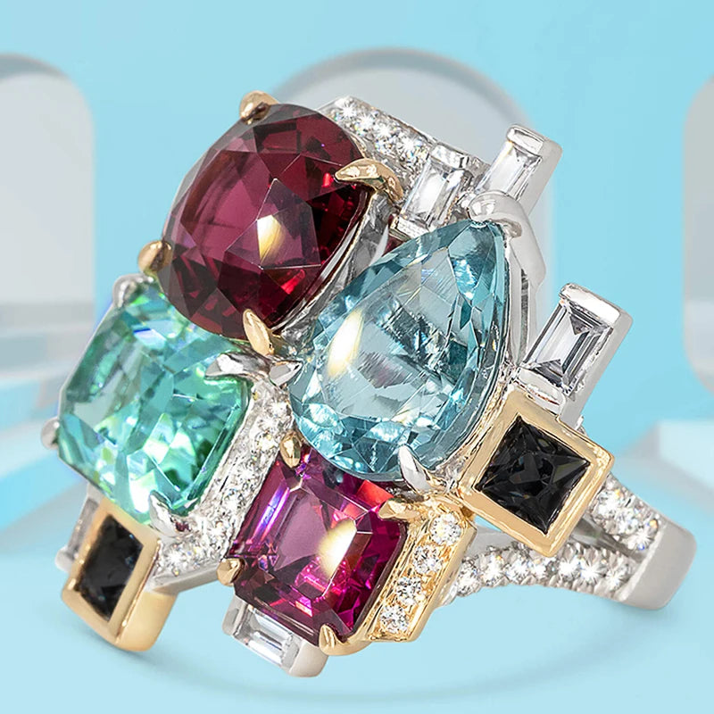 New Colorful Cubic Zirconia Women Rings for Party Two Tone Personality Female Finger Rings Gorgeous Jewelry