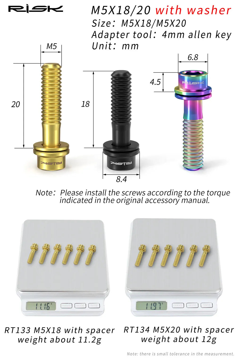 6pcs/bag RISK Bike Stem Bolts Bicycle Handlebar Fixing Screws Titanium Alloy M5x16 M5x18 M5X20 Wish Washers Hex Socket Head