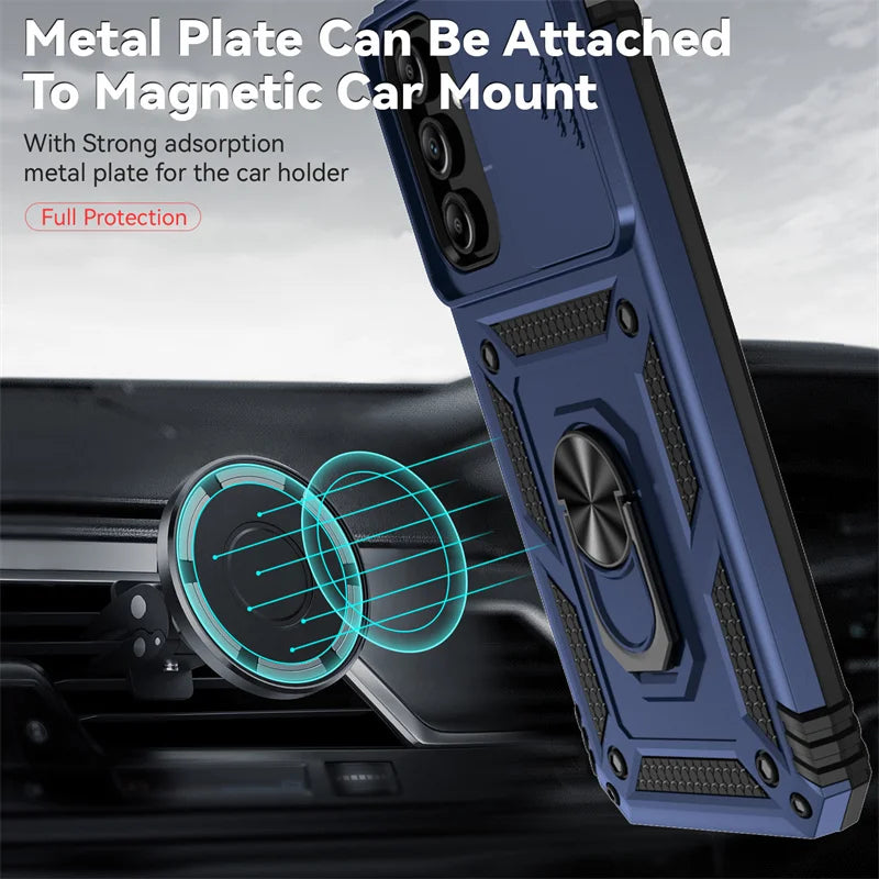 Slide Camera Lens Military Grade Armor Case For Samsung Galaxy A15 A25 A35 A55 5G Phone Holder Ring Stand Cover