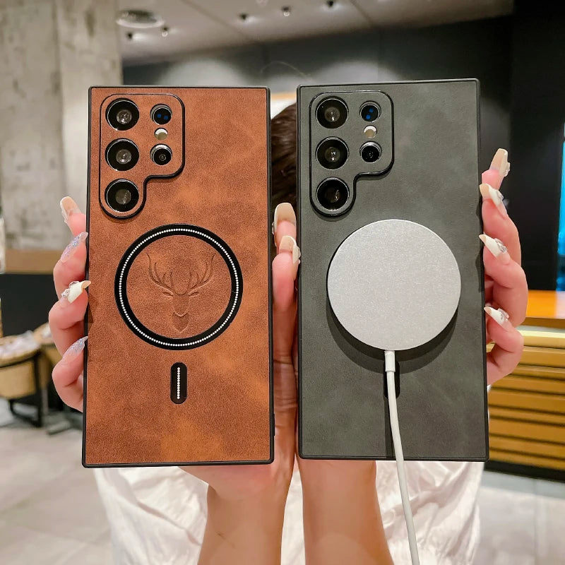 For Magsafe Magnetic Wireless Charging Luxury Leather Phone Case For Samsung S25 Ultra S23 S22 S24 Ultra Plus Bumper Back Cover