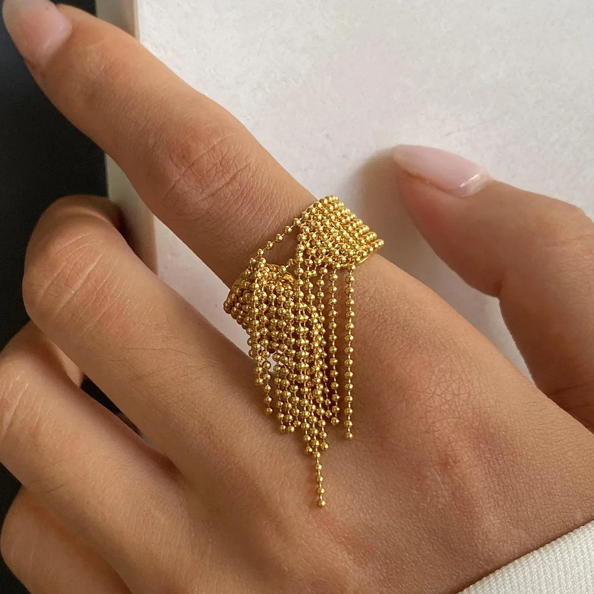 Stylish Stainless Steel Chain Tassel Ring Adjustable 18K PVD Gold Plated High Quality Charming Fashion Gold Jewelry
