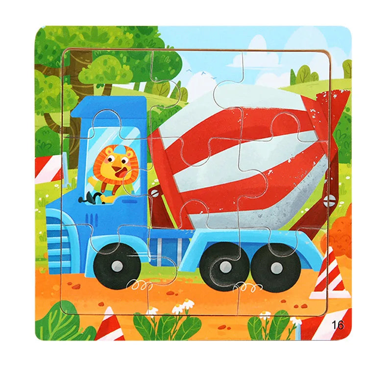 9 Piece Small Wooden Puzzle Cartoon Animal Vehicle 11x11cm Wood 3d Puzzle Montessori Educational Toys For Kids Gifts