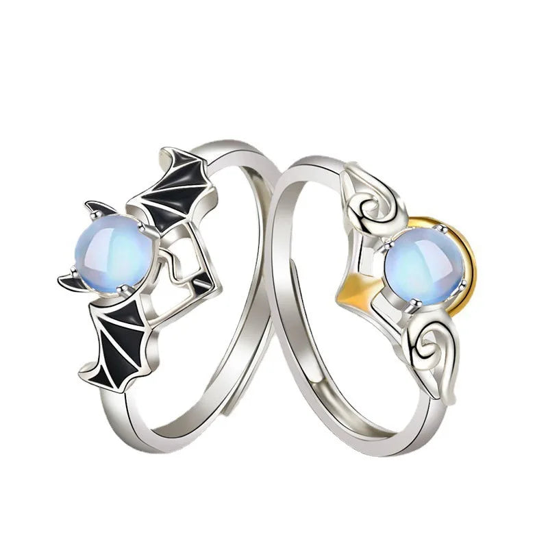 Luxury Crystal Angel Demon Couple Rings for Women Men Romantic Fashion Wings Design Adjustable Engagement Ring Wedding Jewelry