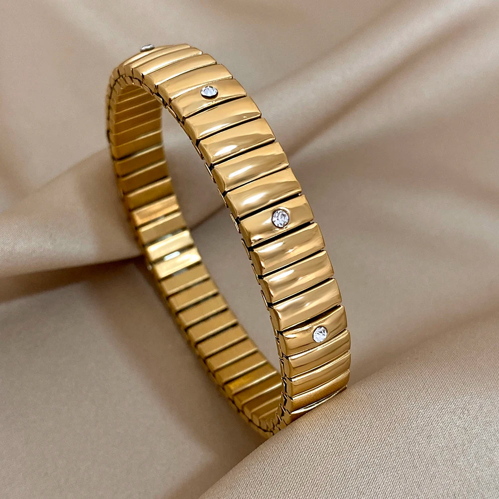 AENSOA Vintage Elasticity Stainless Steel Bangles Bracelet for Women Classic Heart Square Adjustable Wristband Waterproof Bangle