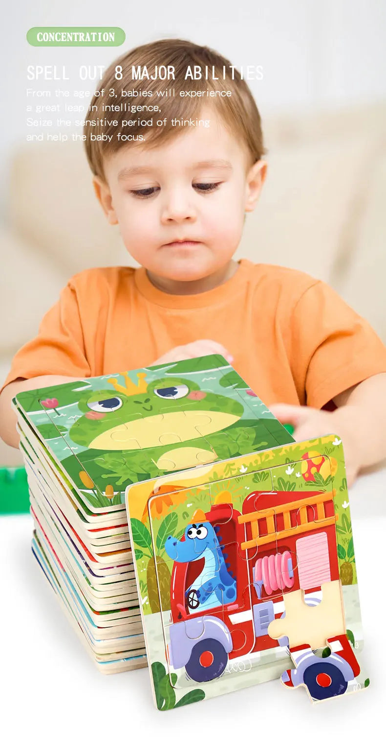 9 Piece Small Wooden Puzzle Cartoon Animal Vehicle 11x11cm Wood 3d Puzzle Montessori Educational Toys For Kids Gifts