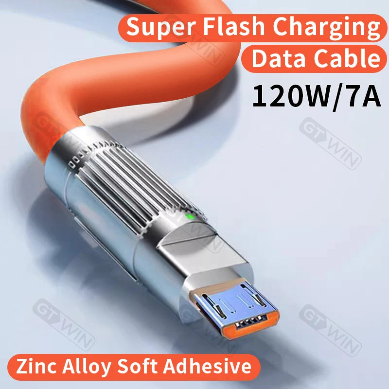 120W 7A Fast Charging Micro USB Cable For Andriod Universal Mobile Phone Alloy Soft Micro Wire Quick Charge USB Data Cables Cord