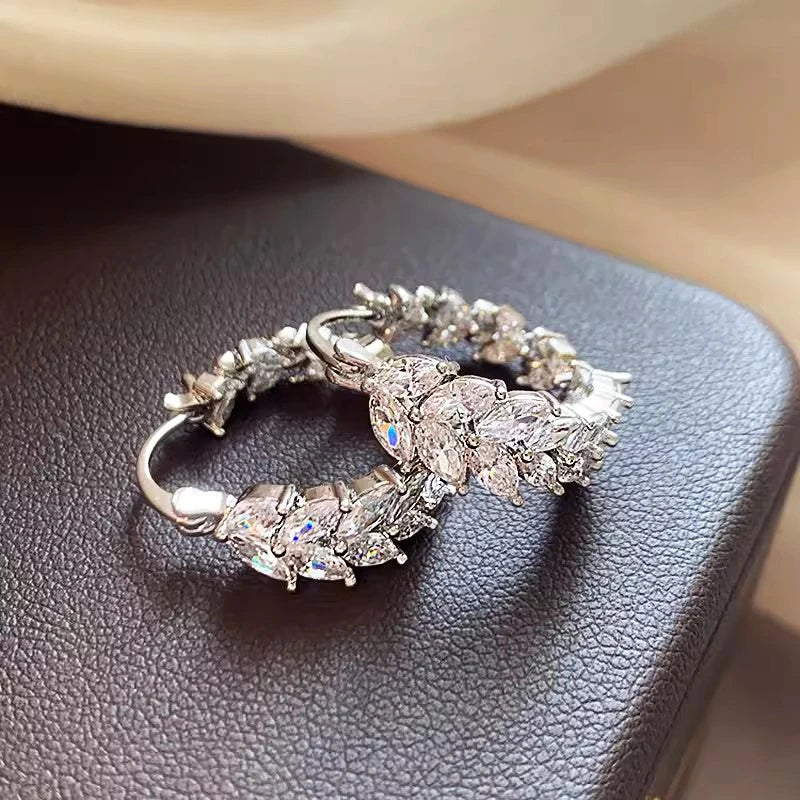 Luxury Trendy Marquise Cubic Zirconia Hoop Earrings for Women Sparking Silver Color Female Earrings Wedding Party Jewelry