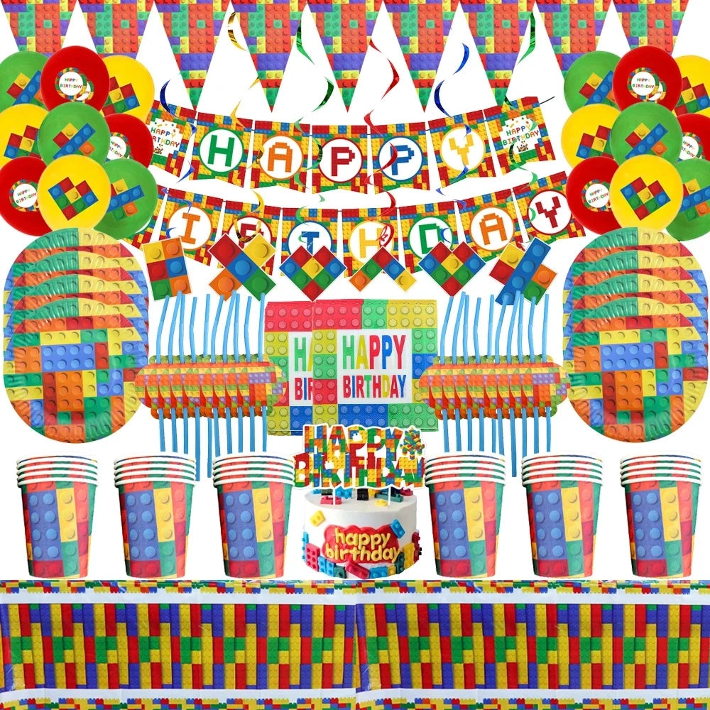Building Blocks Theme Party Decor Supplies Disposable Tableware Cup Cake Topper Balloon Backdrop For Birthday Party Decoration