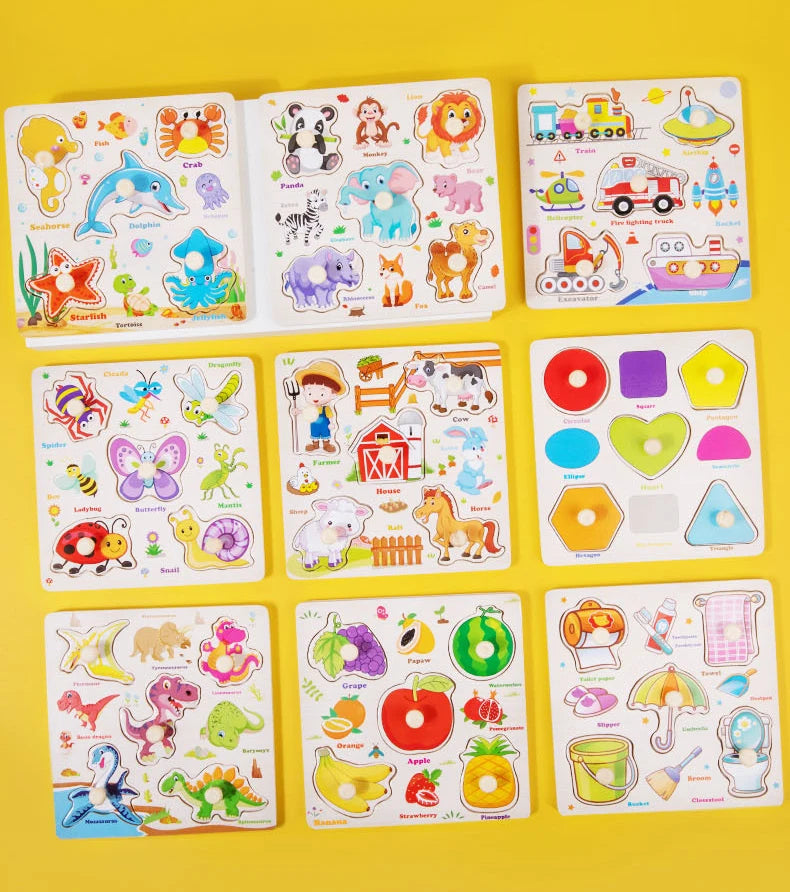 Montessori Wooden Puzzles Cartoon Animal Fruit Hand Grab Board Cognition Jigsaw Puzzle Game Learning Educational Toys For Kids