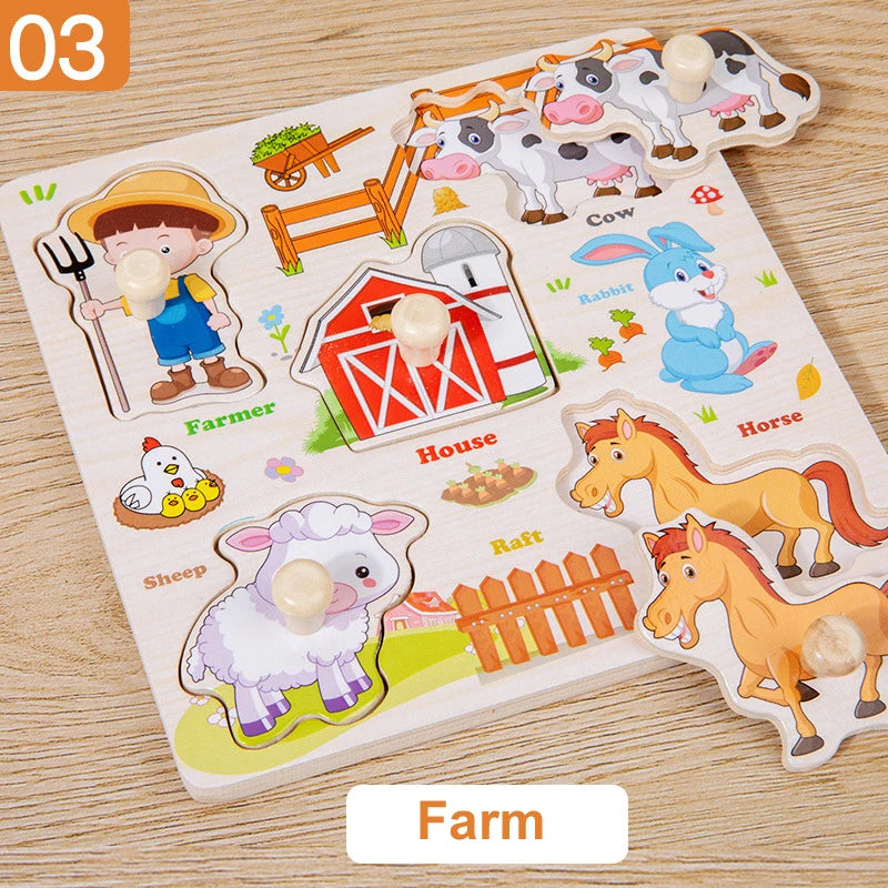 Montessori Wooden Puzzles Cartoon Animal Fruit Hand Grab Board Cognition Jigsaw Puzzle Game Learning Educational Toys For Kids
