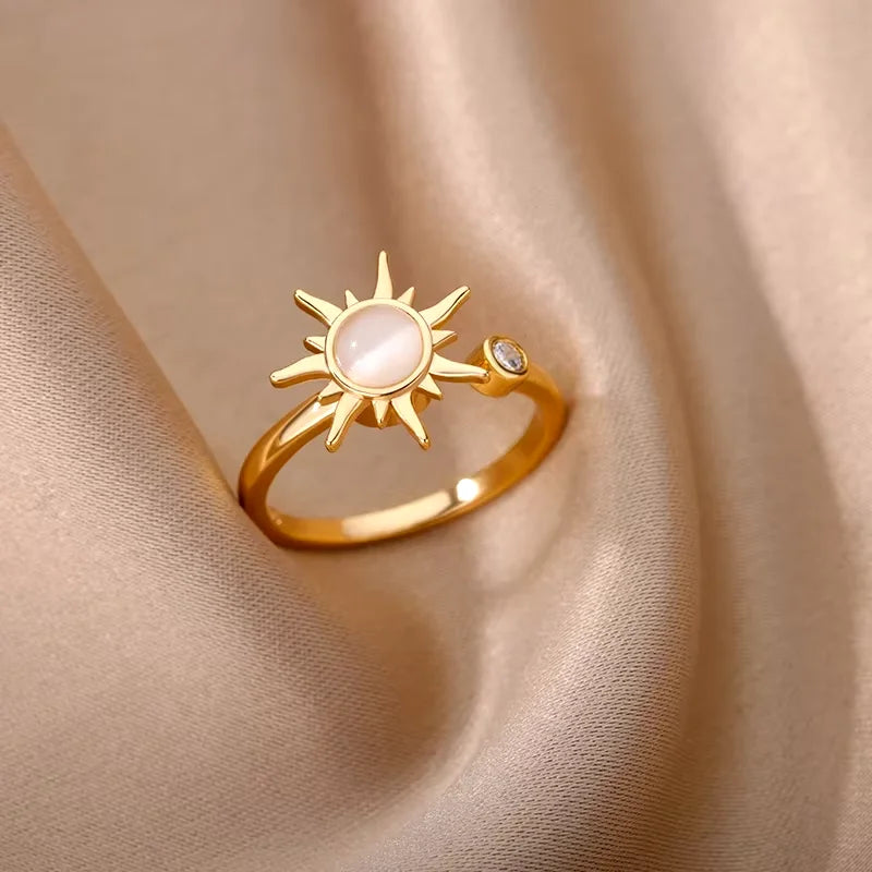 Anti Stress Anxiety Fidget Rings for Women Stainless Steel Sunflower Sun Star Spinner Ring Christmas Jewelry Gifts