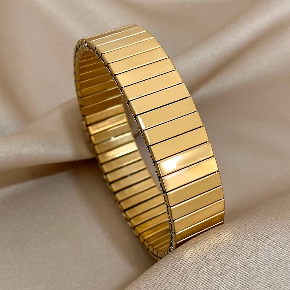 AENSOA Vintage Elasticity Stainless Steel Bangles Bracelet for Women Classic Heart Square Adjustable Wristband Waterproof Bangle