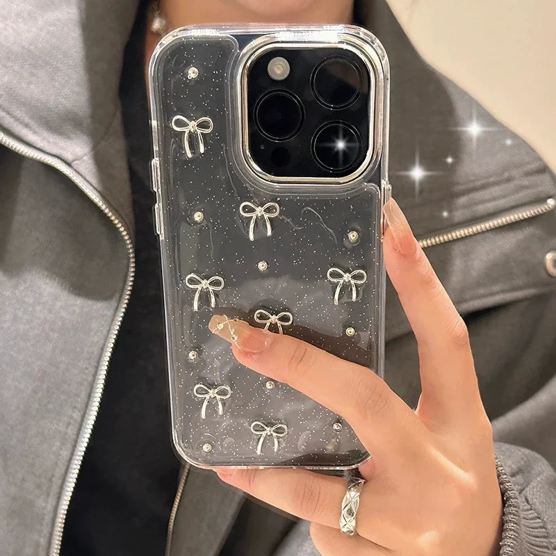 INS Japan Korea Silver Bowknot Phone Case For iPhone 15 16 14 13 12 11 Pro Max X XS XR 7 8 Plus Girl Epoxy Clear Glitter Cover