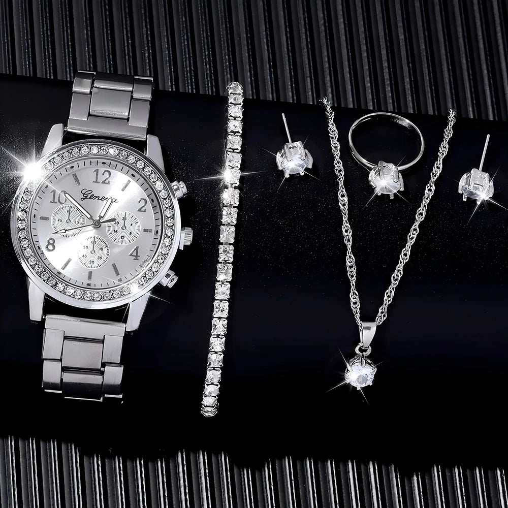 5 PCS Set Silver Luxury Watch Women Ring Necklace Earrings Rhinestone Fashion Wristwatch Female Casual Watches Bracelet Set