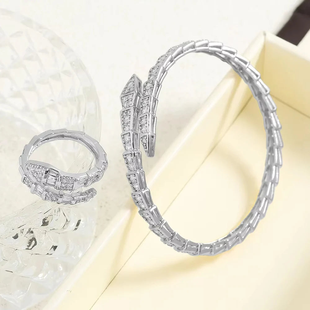 Luxury Shiny AAA Cubic Zirconia Snake Bone Bangles Female Sliver Color Wedding Party Cuff Bracelet for Women Trendy Party Gift
