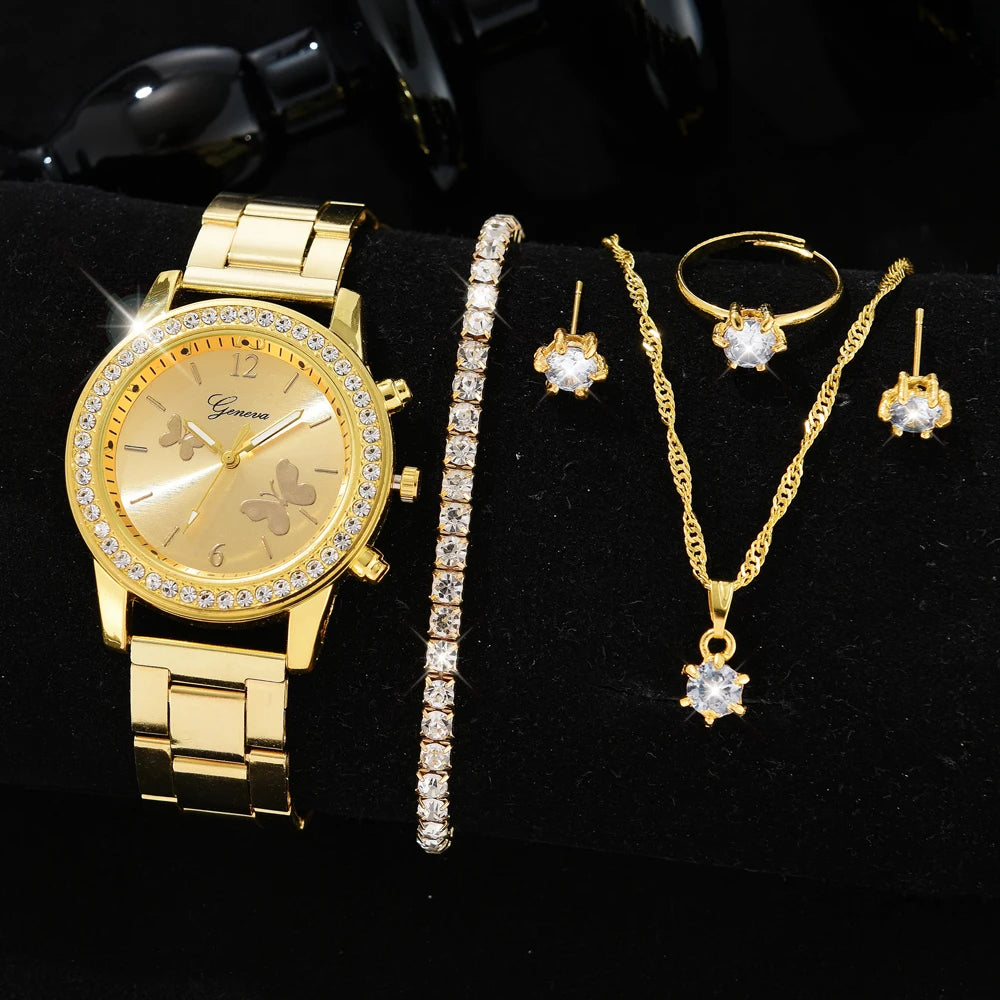 5 PCS Set Silver Luxury Watch Women Ring Necklace Earrings Rhinestone Fashion Wristwatch Female Casual Watches Bracelet Set
