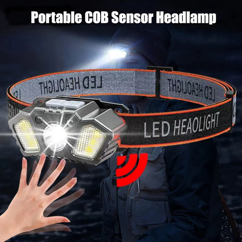 Portable Sensor Headlamp Rechargeable XPE COB Headlight 5Modes Fishing Camping Hiking Red Warning Head Lamp With Gesture Control