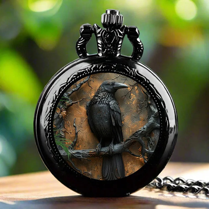Vintage-Style Clever Crow Exquisite Pocket Watch - Quartz Movement, Round Dial, Unique Black Necklace Souvenir Gift For Children