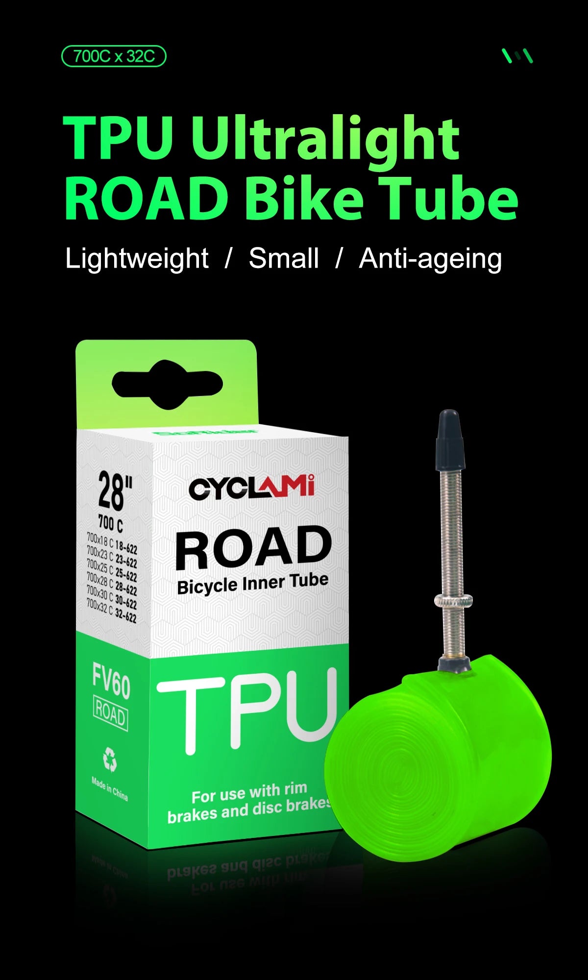 CYCLAMI Ultralight Bike TPU Inner Tube 700C 700 X 18 23 25 28 30 32 Road Bicycle TPU Material Tire 45mm 60mm Length French Valve