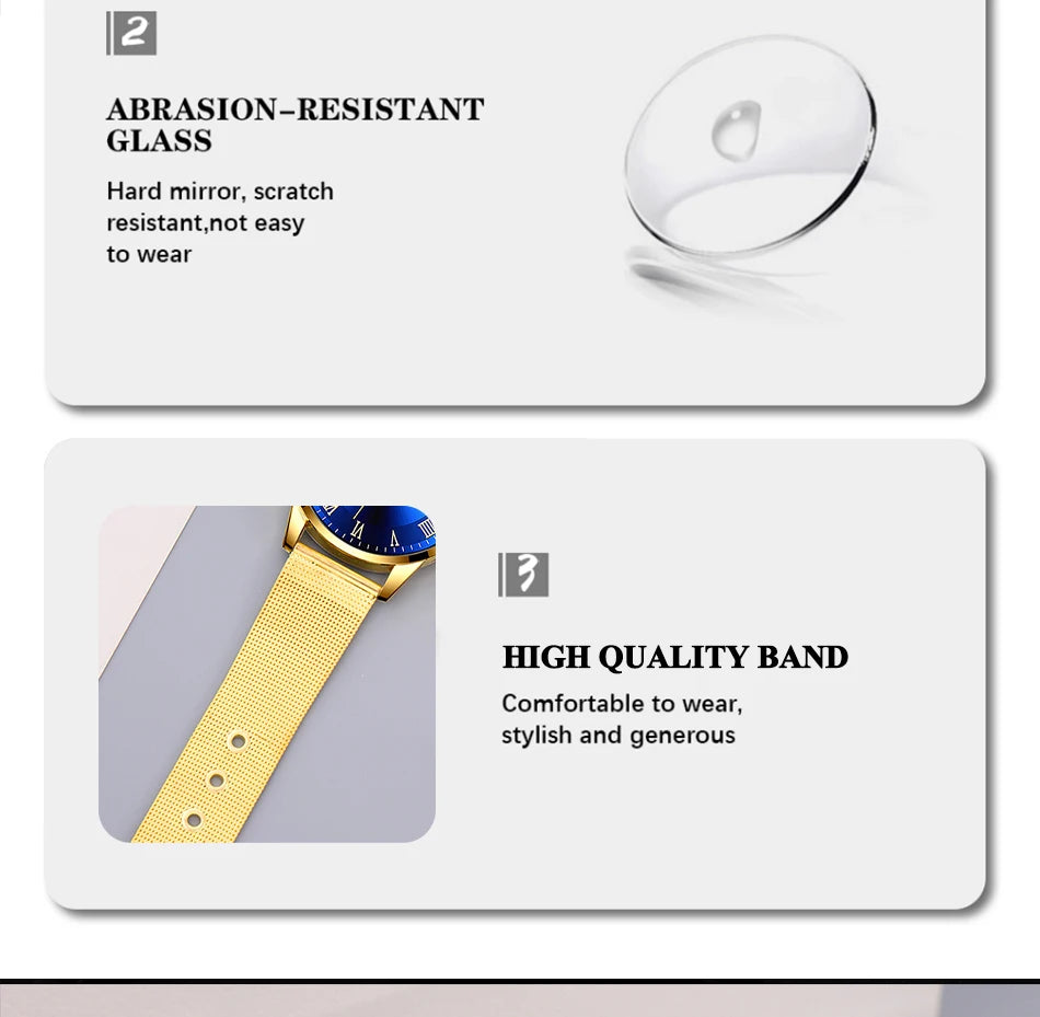 2PCS Set Fashion Mens Calendar Watches Luxury Men Business Gold Stainless Steel Mesh Belt Quartz Watch Male Necklace Wristwatch