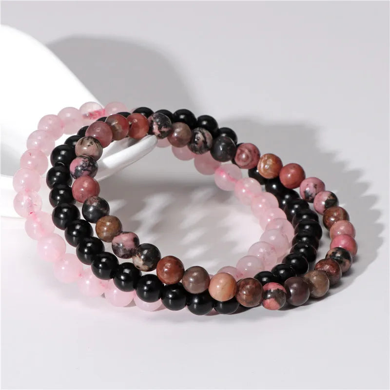 3Pcs Natural Stone Bracelet 8mm Rhodonite Rose Pink Quartzs Amethysts Hematite Bracelets For Women Men Jewelry