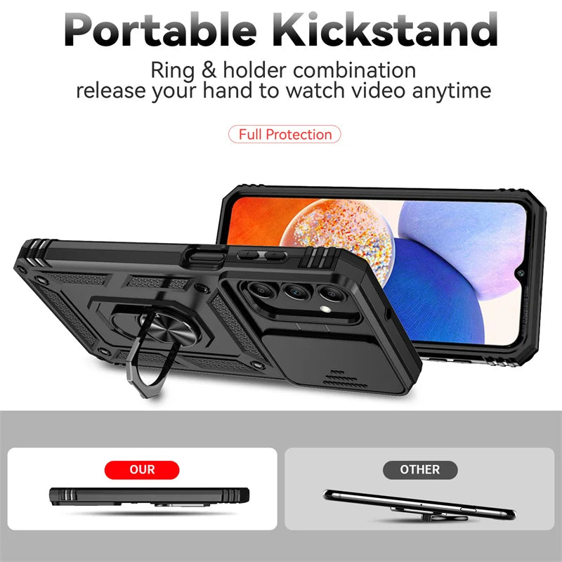 Slide Camera Lens Military Grade Armor Case For Samsung Galaxy A15 A25 A35 A55 5G Phone Holder Ring Stand Cover