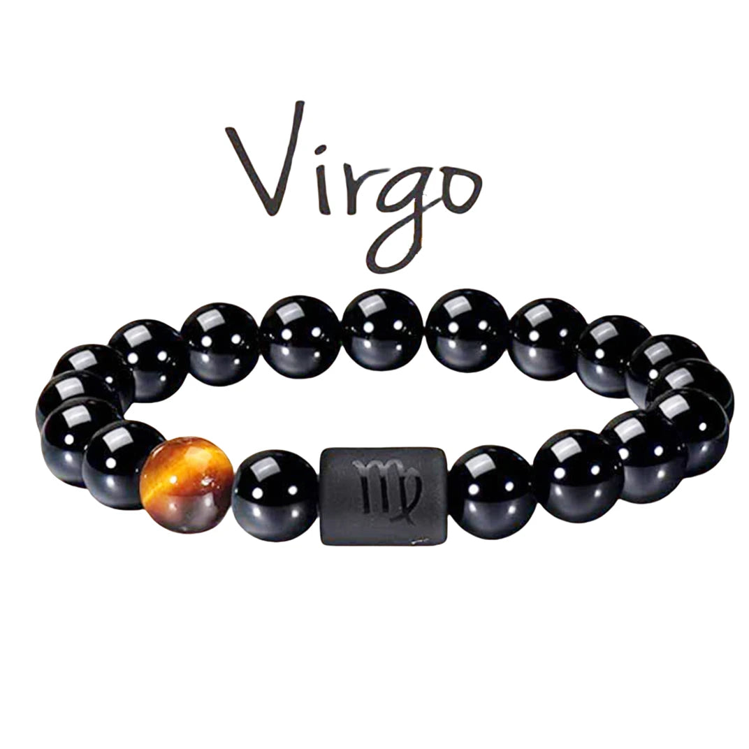 FTCY 10mm Zodiac Yellow Tiger Eye Stone Bracelet for Men Women Black Agate Crystal Elastic Cord Hand Chains Couple’s Jewelry