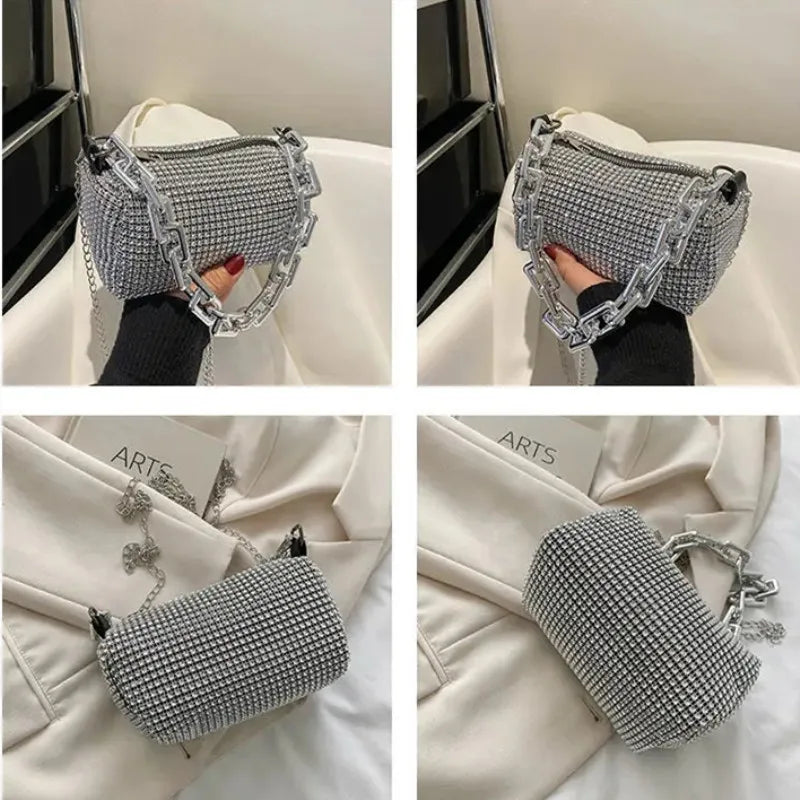 Allover Rhinestone Bucket Bag, Glitter Chain Prom Purse, Women's Mini Crossbody Bag (18cm*13cm*13cm)
