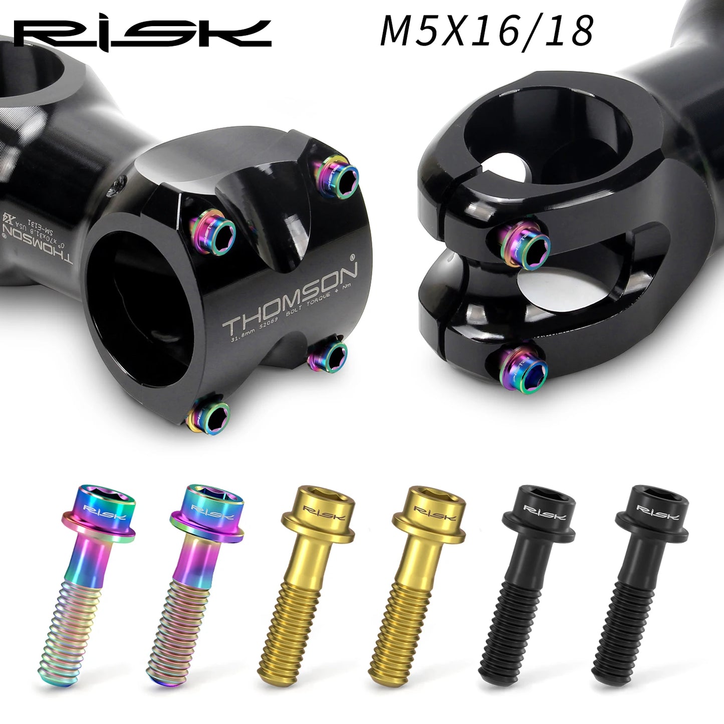 6pcs/bag RISK Bike Stem Bolts Bicycle Handlebar Fixing Screws Titanium Alloy M5x16 M5x18 M5X20 Wish Washers Hex Socket Head