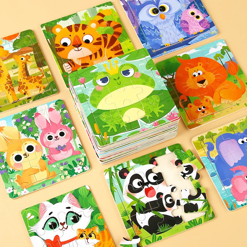 9 Piece Small Wooden Puzzle Cartoon Animal Vehicle 11x11cm Wood 3d Puzzle Montessori Educational Toys For Kids Gifts
