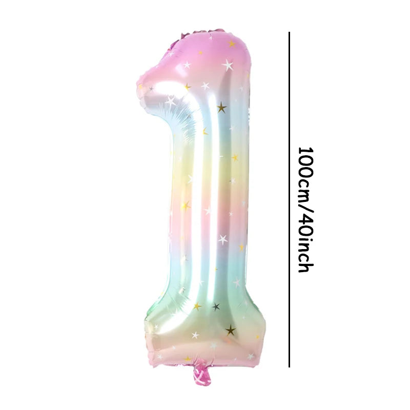 1pc 40inch Pastel Rainbow Number Foil Balloons Star Sky Gradient Digital Balloon Kids Birthday Party Decorations Helium Ball