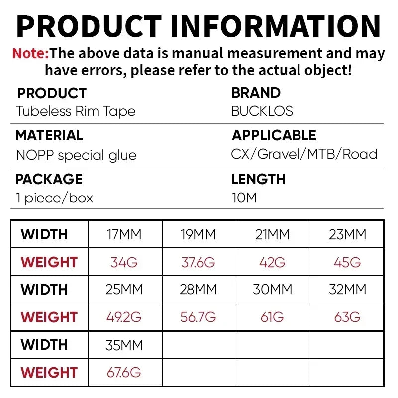 BUCKLOS MTB Bicycle Tubeless Rim Tapes 10M MTB Tire Liner Vacuum Tire Pad 17-35MM Road Bike Rim Tape Strips Cycling Wheel